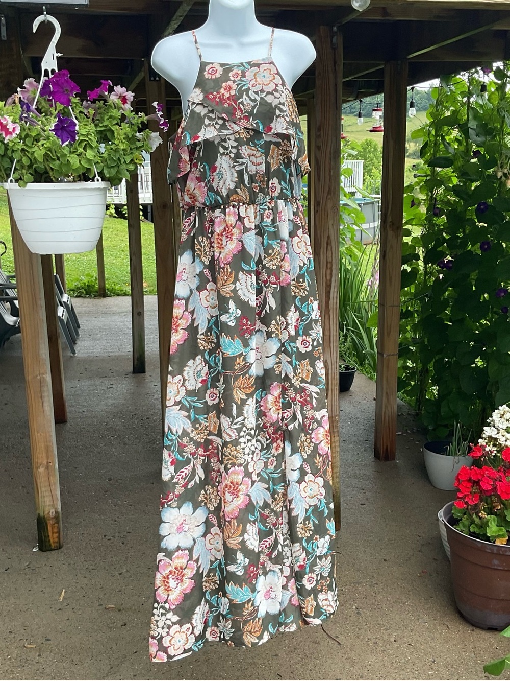 Iz Byer Olive Green Dress with Pink & Teal Floral Accents
